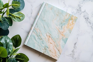 Pastel marble-covered gratitude journal on white stone background with green leaves &ndash; stylish flat lay for journaling, stationery branding, or minimalist content creation visuals