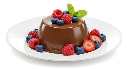 A chocolate silky pudding topped with fresh berries and mint leaves, presented in a transparent dessert bowl on a marble surface isolated background, rich and elegant