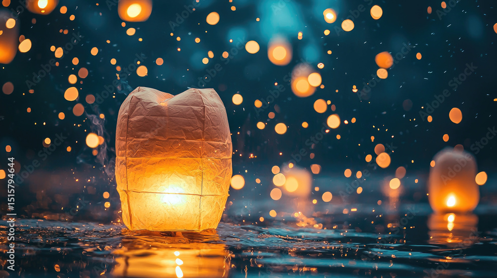 Poster glowing paper lanterns float gently on serene river, illuminating night with warm light and creating