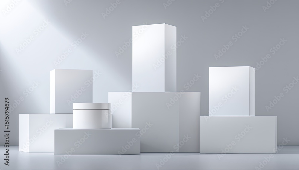 Poster minimalist product display showcasing a white jar and various blank boxes on white geometric platfor