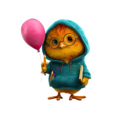 Adorable Chick in Hoodie Holding Balloon and Pencil