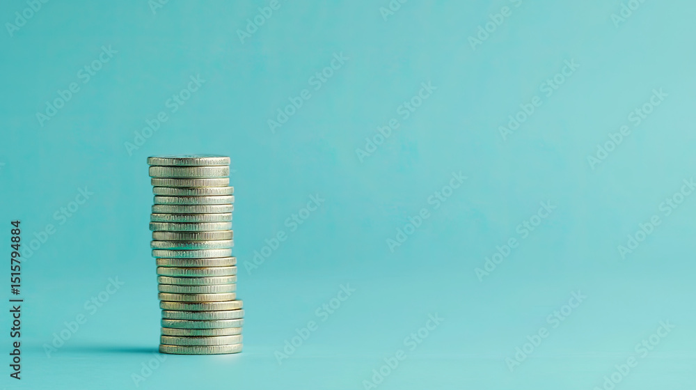 Poster stacked silver coins arranged in ascending height against soft blue background create visually appea