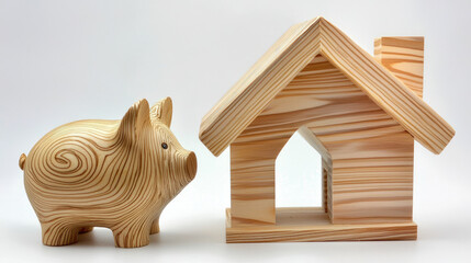 Wooden piggy bank next to wooden house model symbolizes saving money for future home. This evokes feelings of financial planning and aspiration