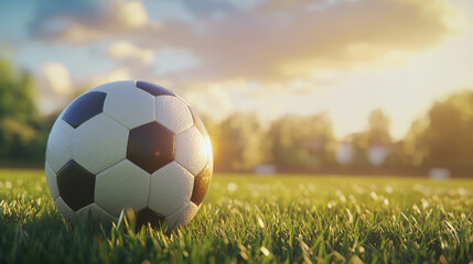 Soccer ball resting on lush grassy field, illuminated by warm sunlight, creates serene and inviting atmosphere for play
