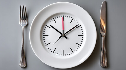 A clock made from a fork and knife on an empty plate, strong intermittent fasting visual metaphor.