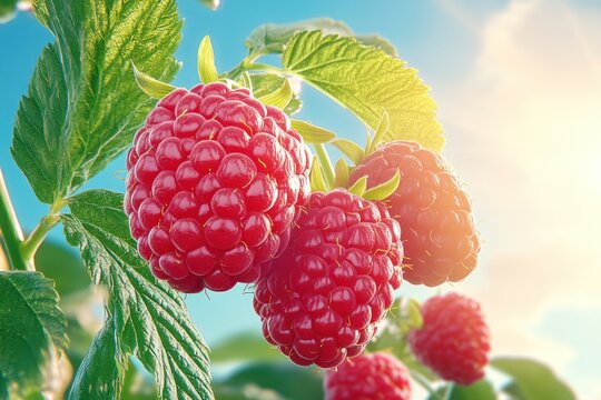 Ripe raspberries on branch in fruit garden, sweet red berries growing on raspberry bush, fresh produce from backyard garden