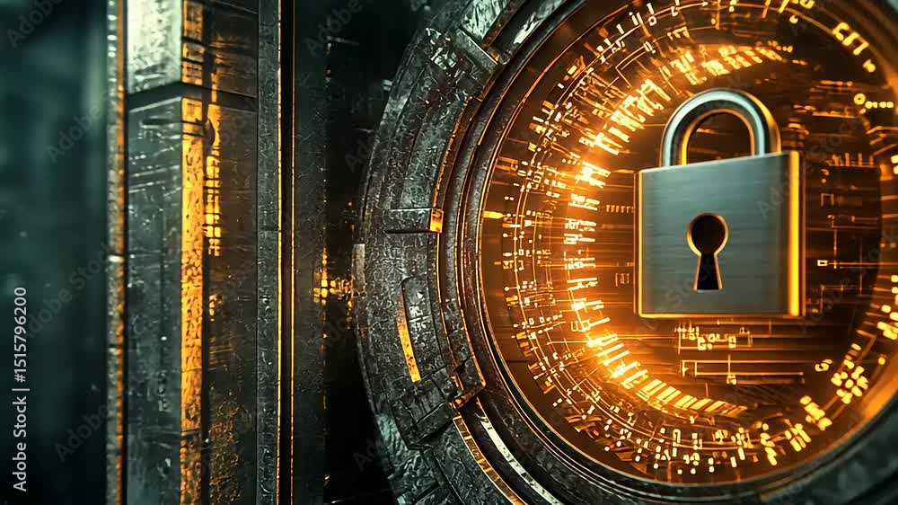 Poster futuristic digital lock mechanism with glowing circuitry, symbolizing security in a tech environment