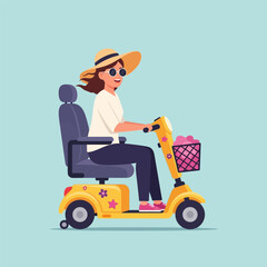 Woman Riding Mobility Scooter with Sun Hat and Sunglasses Illustration
