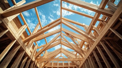 Obraz premium Wooden House Frame Under Construction Against Blue Sky