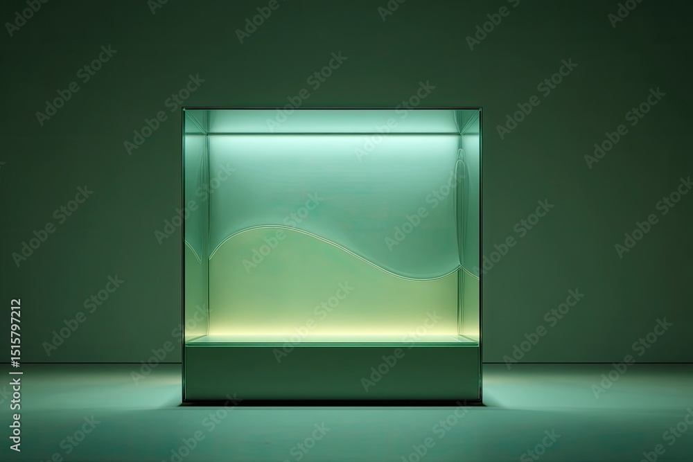 Poster a cube-shaped glass display case with an internal, subtly undulating, pale-green surface, illuminate