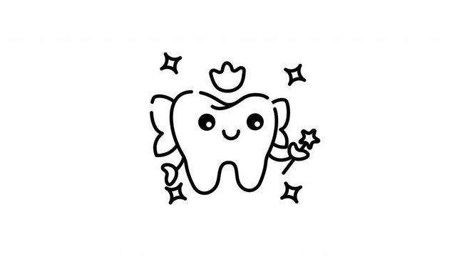 line art animation of Tooth fairy with a crown and wings is holding a magic wand.