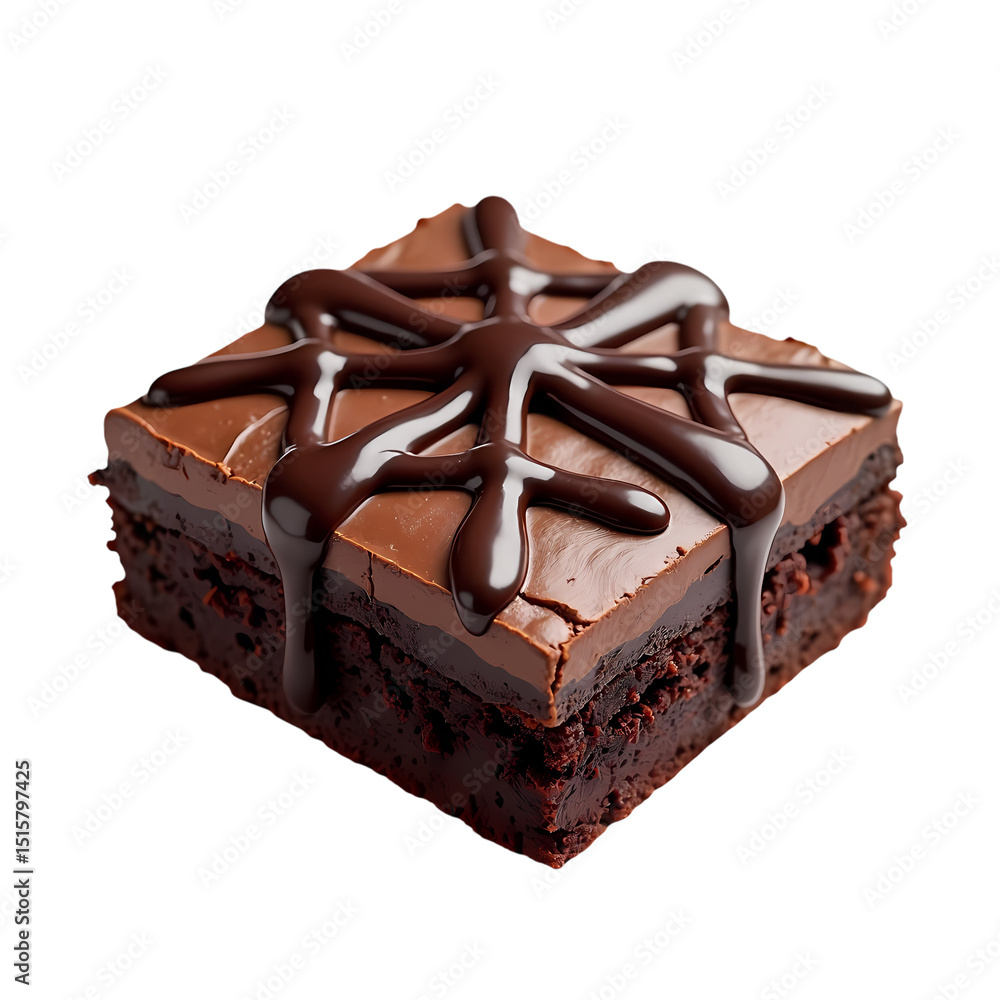 Poster a single chocolate brownie with chocolate frosting and drizzle close up view isolated on transparent