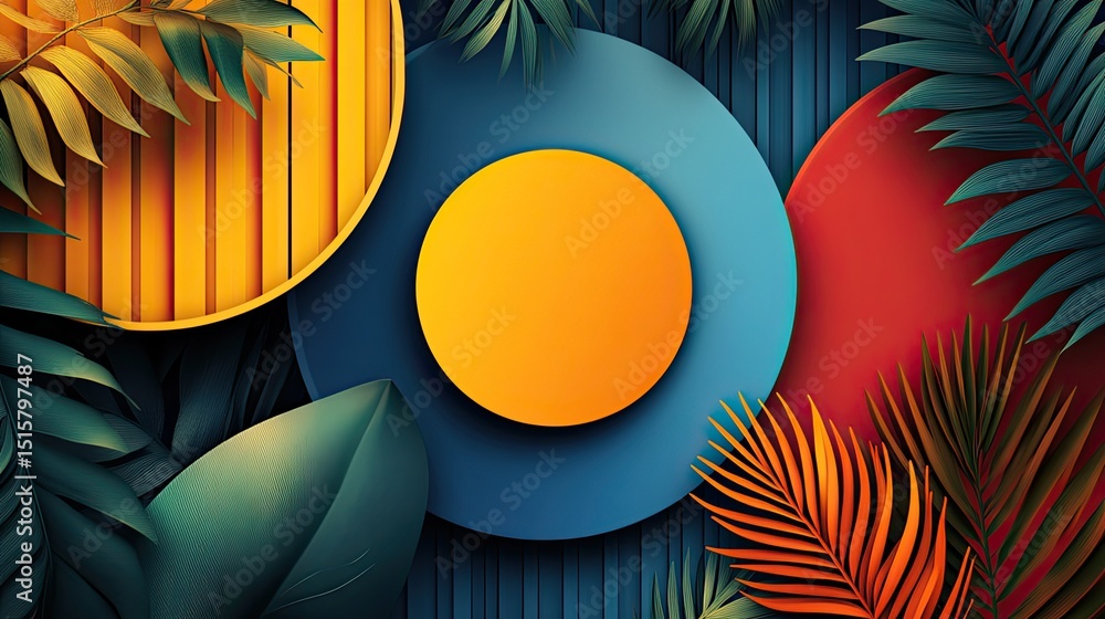 Poster abstract background with colorful circles and tropical leaves in a modern design style