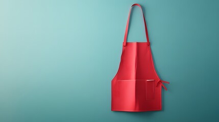 Red apron hanging on a teal wall.