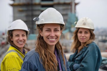 Female construction crew people working at high rise skyscraper building
