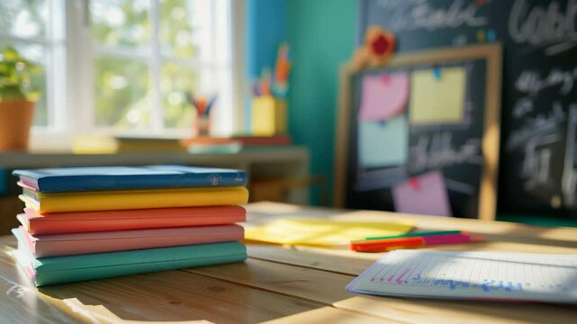A stack of colorful notebooks on a wooden table in a bright classroom. A chalkboard with notes and a potted plant are visible in the background.