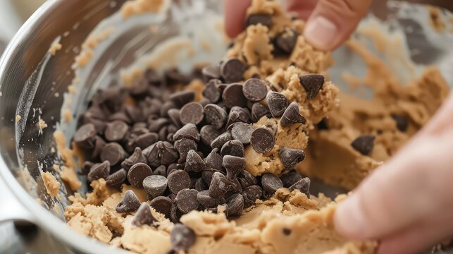 Adding chocolate chips to cookie dough in a metal bowl for baking homemade chocolate chip cookies