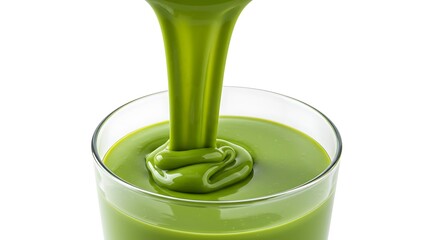 A creamie liquid vanilla macha green being poured into a glass from above, stream of thick custard mid air, isolated white background, warm and dynamic,