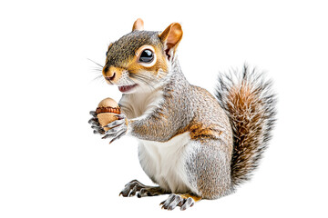 Obraz premium Adorable gray squirrel holding an acorn isolated on transparent PNG