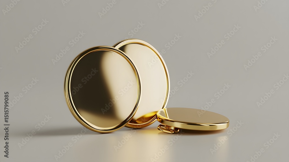 Poster three gold circular objects on a gray surface.