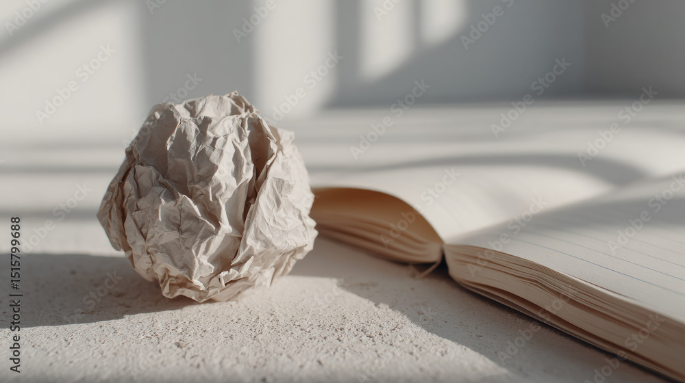 Poster crumpled paper ball next to open notebook on textured surface