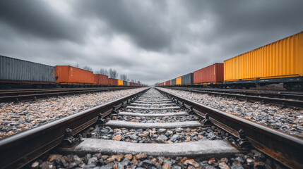 Obraz premium Railroad tracks with cargo containers cloudy sky industrial area