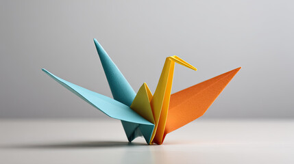 Fototapeta premium Colorful origami crane made of paper white surface with soft light