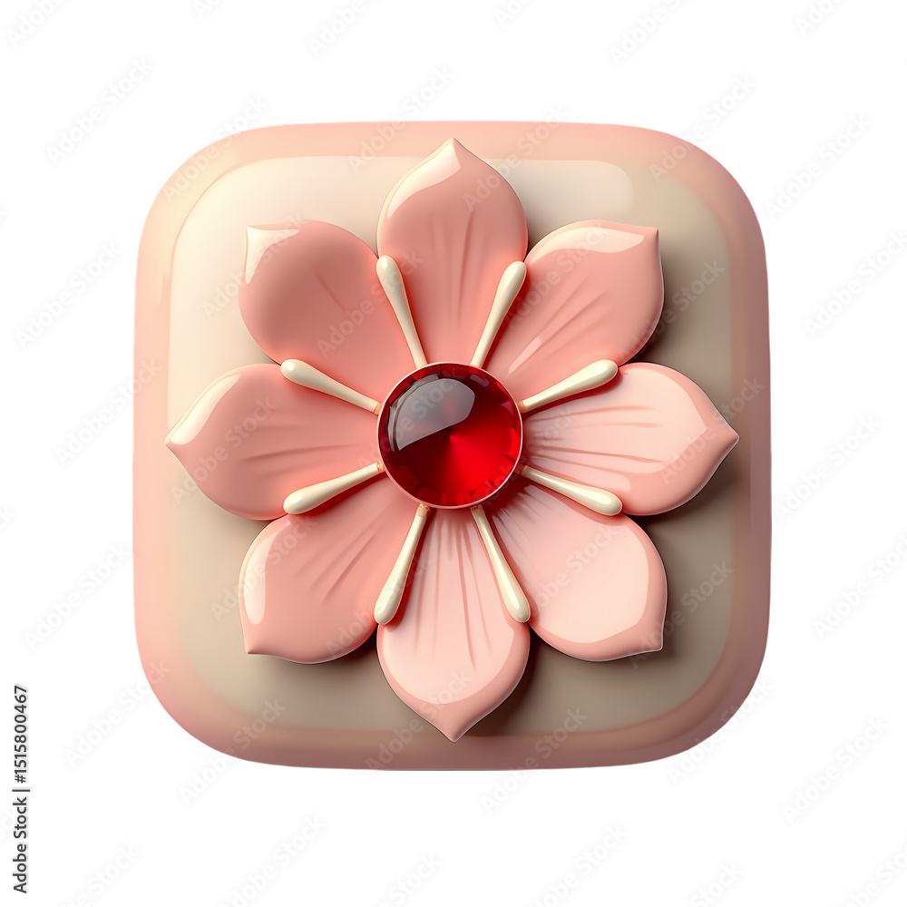 Aufkleber a stylized pink flower with a red gem center on a rounded square light pink background design elemen