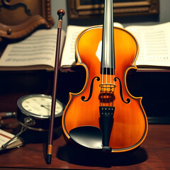 Fototapeta premium Realistic Violin and Fiddlestick Displayed in Classic Musical Setting