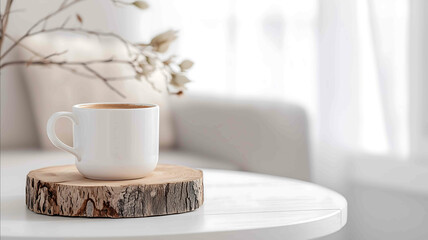 Smiling mother planning the week with a cup of coffee natural bright light minimalist home background lifestyle stock photo