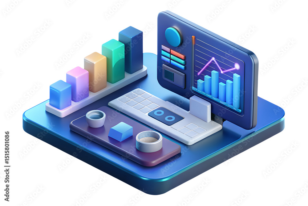 Poster isometric 3d illustration of a desk with computer showing business data and graphs