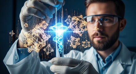 Futuristic Science: Scientist Examining Molecular Structures in Test Tube, Innovative Technology, Genetic Research, Biomedical Engineering, Abstract Digital Particles, Lab Experiment