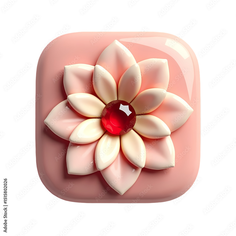 Aufkleber a pink square with a flower made of petals and a red gem in the center in a rendered style isolated 