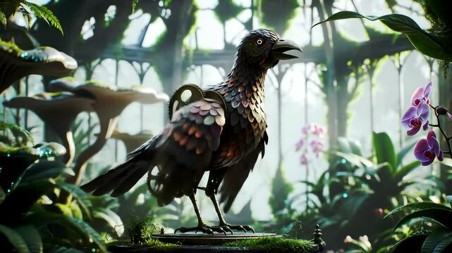 Steampunk Mechanical Bird Flapping Wings in Lush Enchanted Greenhouse with Orchids and Gears Animation