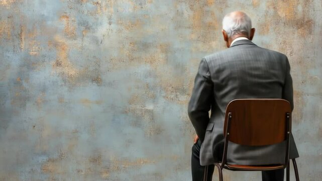 Stooped man sits dejectedly on chair