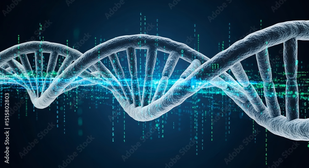 Poster abstract futuristic dna helix with binary code: genetic code and digital technology concept