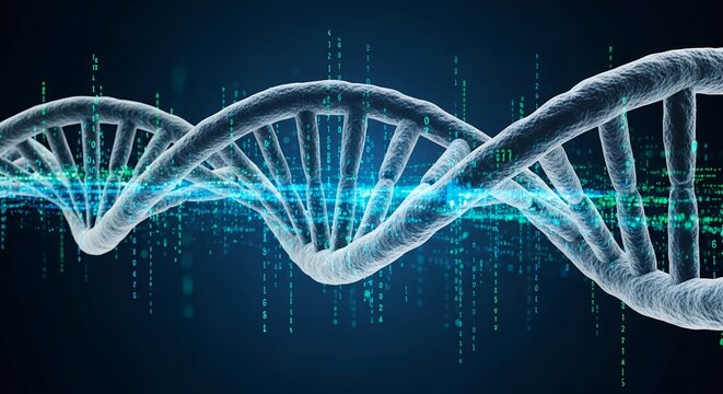 Abstract Futuristic DNA Helix with Binary Code: Genetic Code and Digital Technology Concept - Powered by Adobe