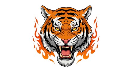Obraz premium vector art line of angry tiger with fire effect and siluet effect suitable for mockup and logo product of team isolated white background