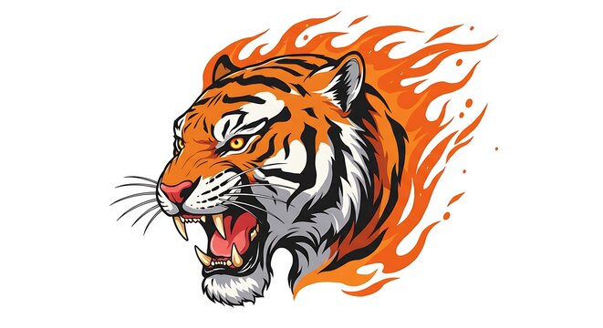 vector art line of angry tiger with fire effect and siluet effect suitable for mockup and logo product of team isolated white background