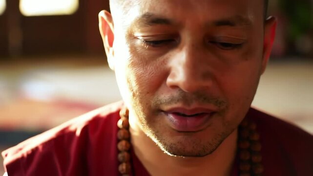 Close up of a serene man with prayer beads softly chanting in warm sunlit room during peaceful meditation