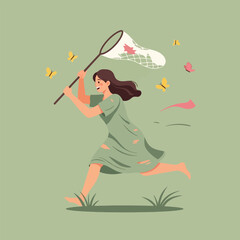 Woman Running with Net Trying to Catch Flying Butterflies Outdoors