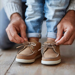 Father kneeling to tie his young childs shoes soft natural light closeup on hands and shoes warm family moment indoors hardwood floor realistic emotiona
