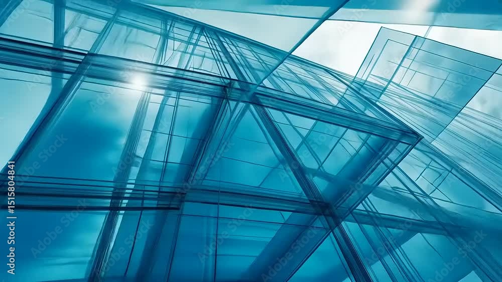 Poster abstract view of modern glass architecture reflecting clouds and sky, showcasing structural design