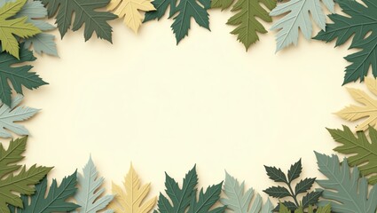 Autumn Leaves Frame Design with Green, Yellow, and Beige Leaves