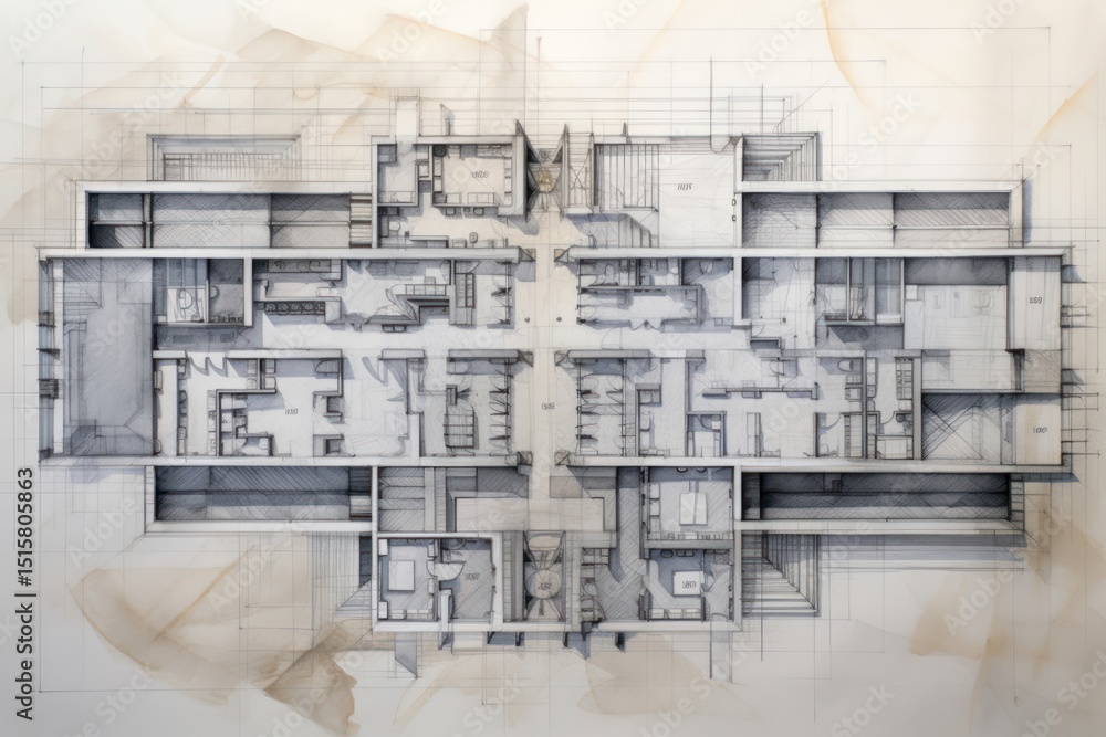 Poster architecture blueprint building diagram.