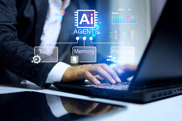 ai agents concept with businessman is using artificial intelligence agentic technology on laptop computer to help him make decision marking on business and planning schedule to customer appointment