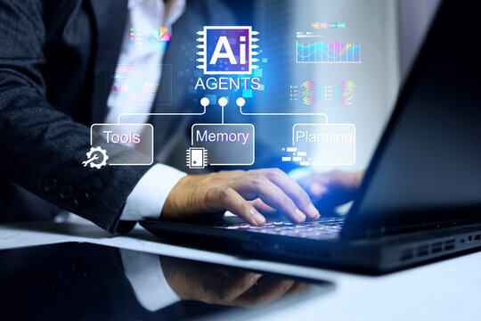 ai agents concept with businessman is using artificial intelligence agentic technology on laptop computer to help him make decision marking on business and planning schedule to customer appointment