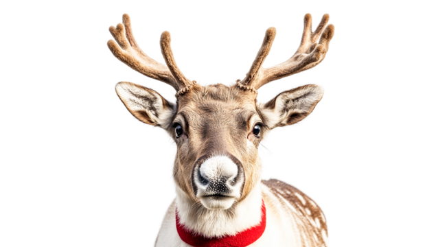 Closeup portrait of a reindeer with antlers wearing a red collar isolated on transparent PNG
