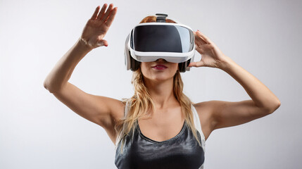 Naklejka premium VR headset, virtual reality headset, person wearing VR headset, woman wearing VR headset, virtual reality goggles, VR gaming, VR experience, VR technology, using VR ,trying VR, VR1982