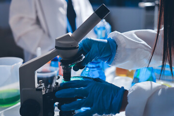 Scientist pipetting medical samples into microplate in laboratory